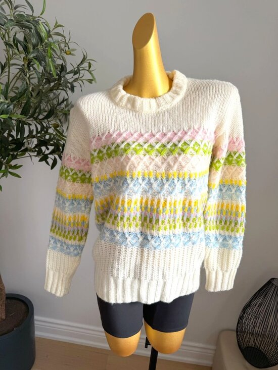 Sweaters - Ivory Colorful Knit Oversized Chunky Sweater M